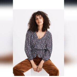 MADEWELL Silk Button Front Peplum Top in Harvest Vine XS NWT